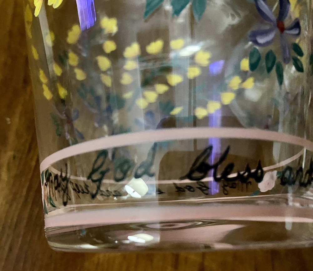 Hand-painted floral tumbler carafe with religious motifs for bedside