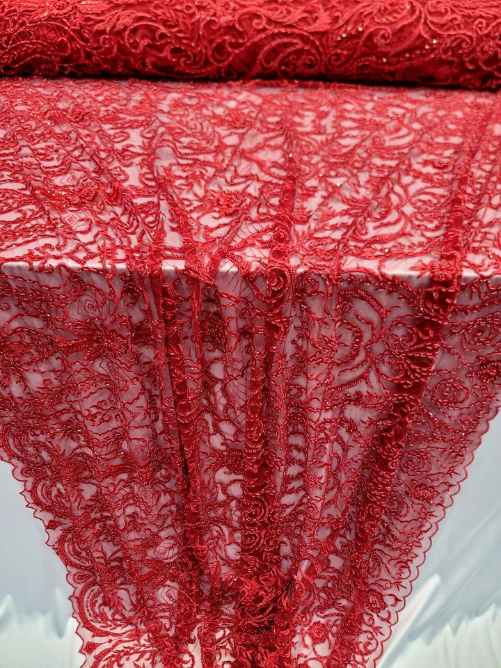 Red Beaded Lace Embroidery Fabric By The Damask Pattern Luxury Lace Victorian - Image 2 of 4