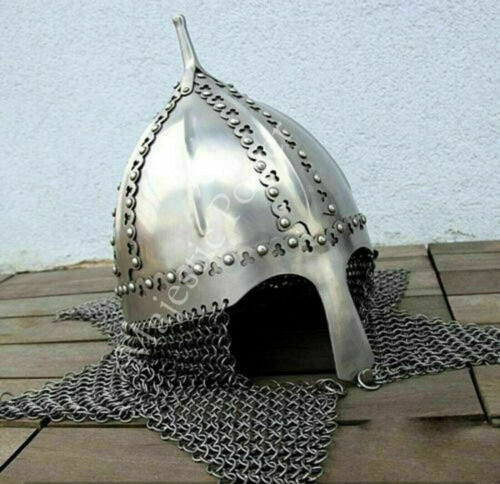 Casque normand médiéval chevalier viking avec chaîne mail larpe réplique casque - Photo 1/3