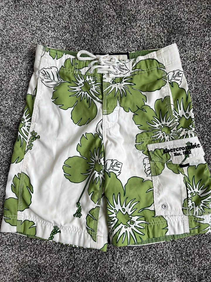 Pantalones Cortos de Carga Hawaianos Abercrombie & Fitch Verde Blanco Logo Hombres Talla M Foto 2 de 4