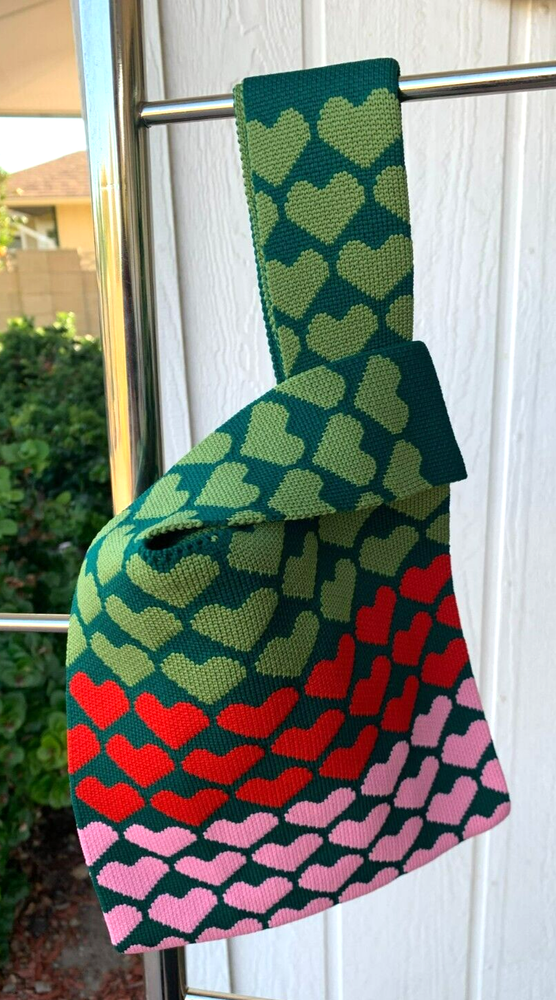 Heavy Knit Tote Bag with Multi-Colored Hearts Print Spacious and Stylish
