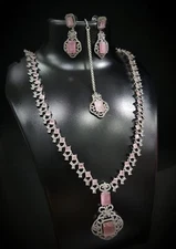 Indian Bollywood Bridal Set Silver Plated Jewelry Earrings CZ Ethnic AD Necklace