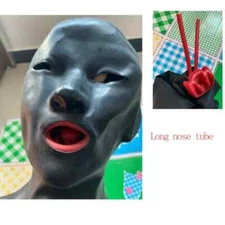 3D Latex Hood 0.7mm Rubber Mask with Long Nose Tube and Back Zipper Fetish BDSM