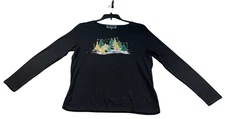 Karen Scott Shirt Womens Size Large Black Christmas Print Long Sleeeve New