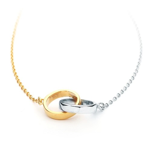 Interlocking Circles Necklace TWO TONE Plated Love Double Circle Pendant - Picture 2 of 5