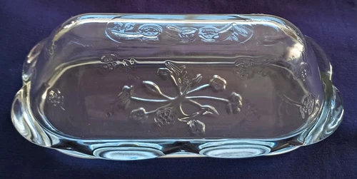 Vintage Anchor Hocking Savannah Clear Glass Floral Pattern Butter Dish with Lid