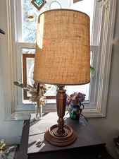 HARLEQUIN! 25" Turned Marquetry Table Lamp VINTAGE Wooden Art Deco INLAY MCM