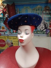 True VTG 1960s 1970s Mid-century Blue Wool Mod Embellished Beret Tam Hat Groovy