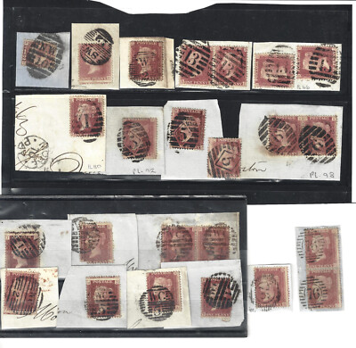 GB QV PENNY REDS LONDON POSTMARKS on PIECE BARRED NUMERALS 19 ITEMS 24 ...