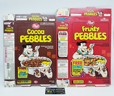 Lot Of 2 - 1993  FRUITY & COCOA PEBBLES Empty CEREAL BOX Flat Dino Bedrock Shop