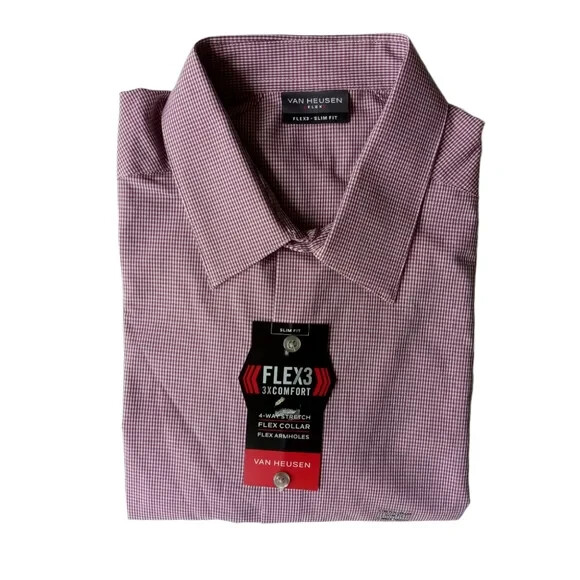 Van Heusen Flex Shirt Mulberry Check Sz 16 36/37 Slim Fit 4-way stretch NWT