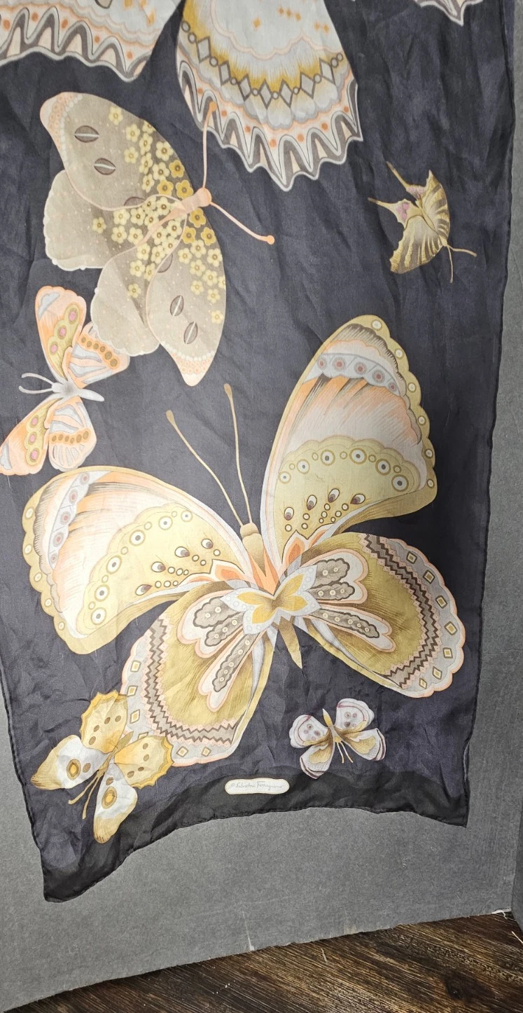 Salvatore Ferragamo Butterfly Print 100% Silk Square Scarf Black gold multicolor
