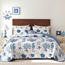Djoymock Coastal Quilt Set Queen Size 3 Pcs, Summer Blue Beach Queen, Blue2