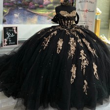 Shiny Black Ball Gown Quinceanera Dress Gold Lace Applique Beading Sweet 16