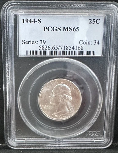 1944- S Silver Washington Quarter PCGS MS65