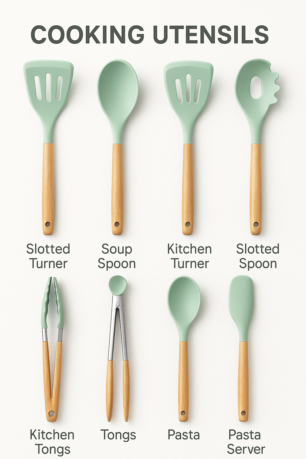 MaxLife Silicone Cooking Utensil Set with Holder, 12-Piece – Sage Green, Wooden