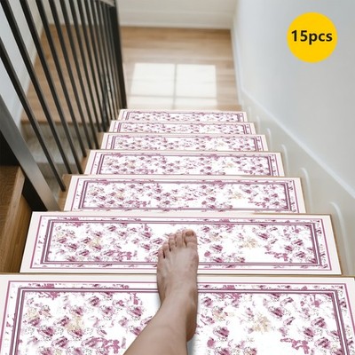 15pcs of Light Pink Patterned Stair Mats, Non-Slip Stair Carpets, Protective S
