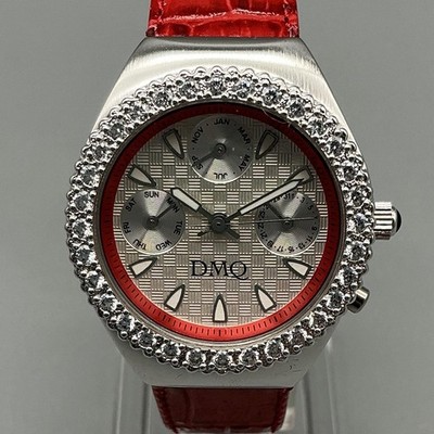 DMQ Womens Watch Silver Dial Red Leather Crystal Bezel Multifunction New Battery