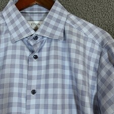 Eton Textured Twill Cotton Check Slim Button Up Shirt - Men's Size 43/17 - Blue