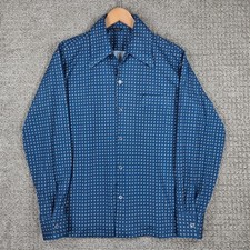 Joel Cal-Made Vintage 70s Mens Blue Disco Shirt Polyester Geometric Print Large