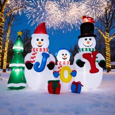 8FT LED Inflatable Snowman Family W/ JOY & Xmas Tree Christmas Yard Winter Decor