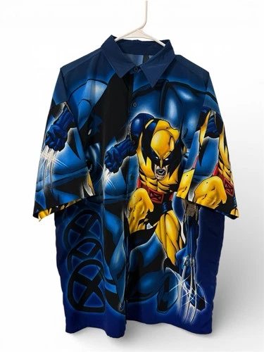 Vintage Marvel X-Men Wolverine All Over Print Button Shirt Mens XL AOP 2001 Y2K