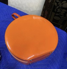 Mid Century Vintage Orange Vinyl Hat Box With Strap Handle 13x5 Large