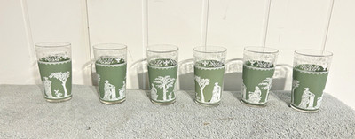 6 Vintage MCM Wedgwood Jeanette Green Hellenic Greco Roman Glasses  10oz