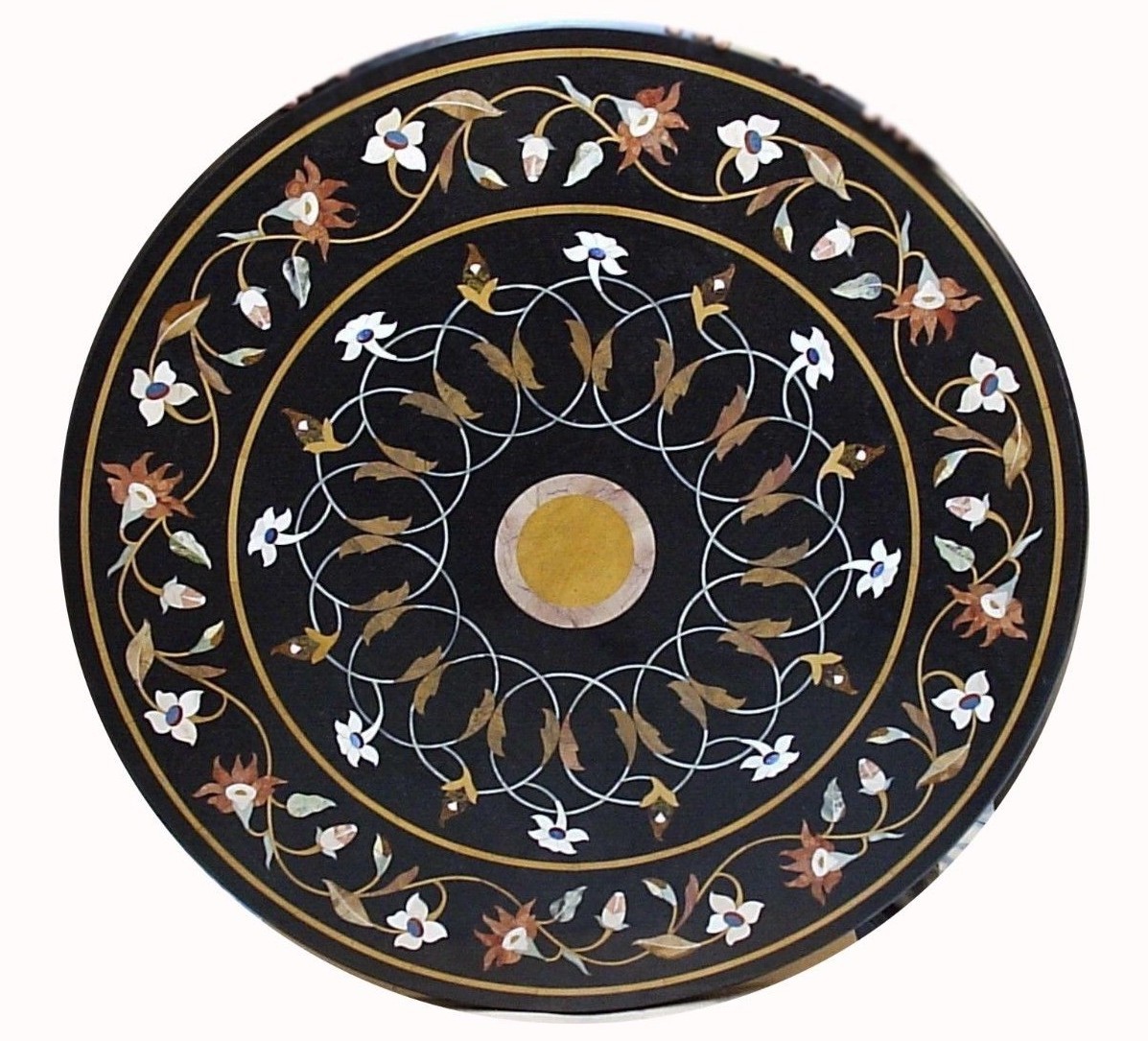 36-inch marble table top with semi-precious stone inlay marquetry art