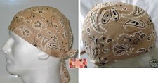 KHAKI TAN Paisley FITTED BANDANA w/TIES Head Wrap Skull Cap DOO DO Du Rag TIED