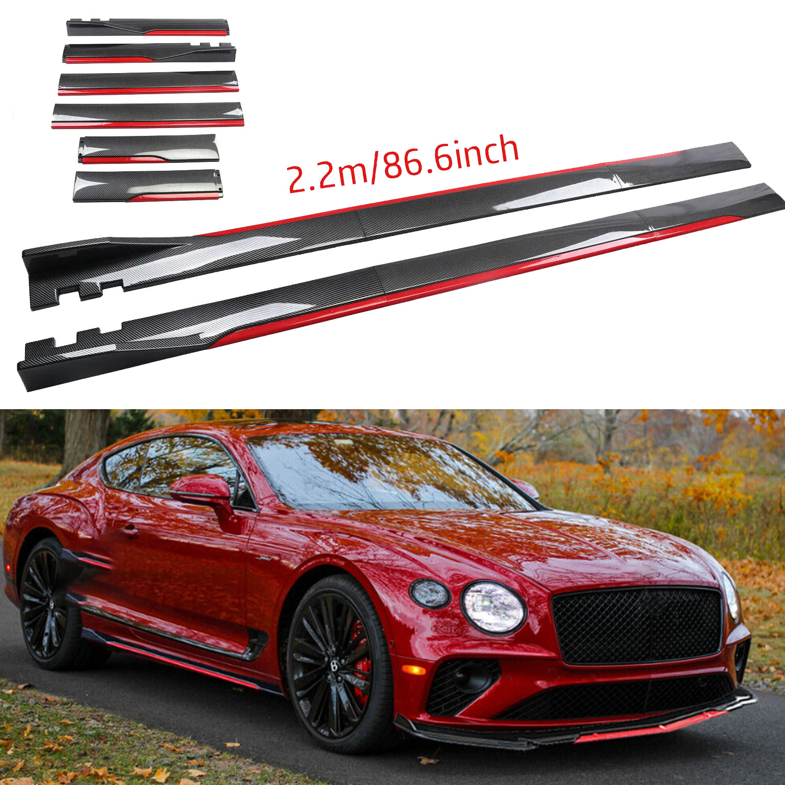 Carbon Fiber Look 86.6" Side Skirt Extension Spoiler Splitter For Bentley Contin