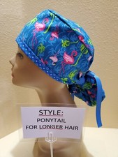 Flamingos and Palm Trees Women's Ponytail Surgical Scrub Hat/Cap Handmade