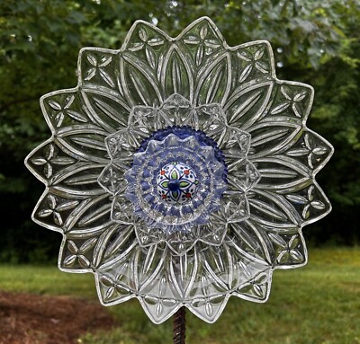 Periwinkle Clear Double Petal Glass Garden Flower Repurposed Suncatcher Yard Art