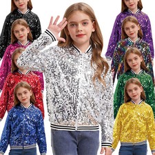 Kid Girls Sequin Bomber Jacket Glitter Coat Tops Disco Dance Performance Costume