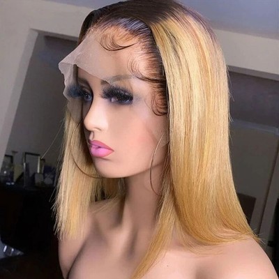 Short Ombre Lace Front Bob Wig With Baby Hair Dark Brown Straight Human Hair Wig