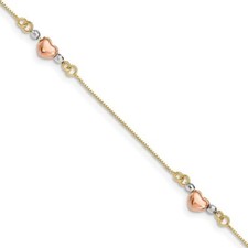 14k Tri-Color Gold Heart Link Chain 7.25" Bracelet 1.02g Gift for Mother