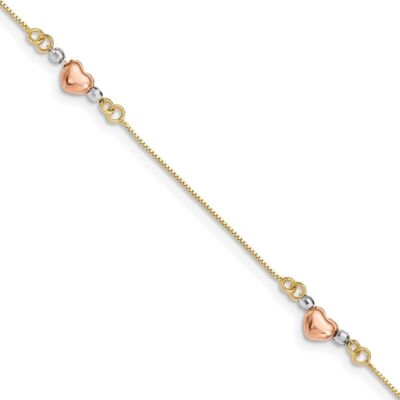 14 Karat dreifarbiges Gold Herz Gliedkette 7,25 Zoll Armband 1,02 g
