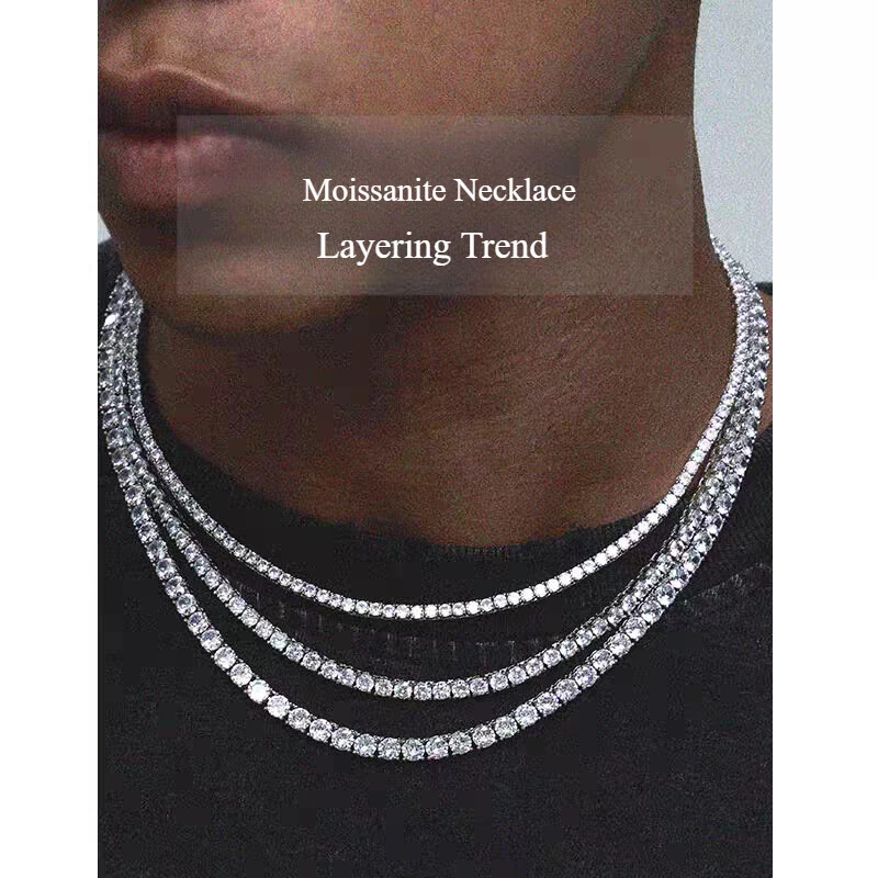 2.5-6.5mm Certified Moissanite Tennis Chain Necklace 925 Solid Silver Women Men - Image 2 of 4