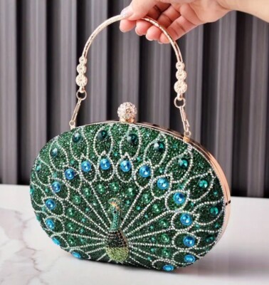 Peacock GREEN Rhinestone Evening Bag Luxury Beaded Clutch Purse Gold Trim Chain