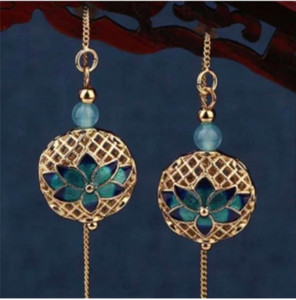 Authentic New Gold Plated Enamel  Lotus Flower Natural Aventurine Dangle Drop Earrings
