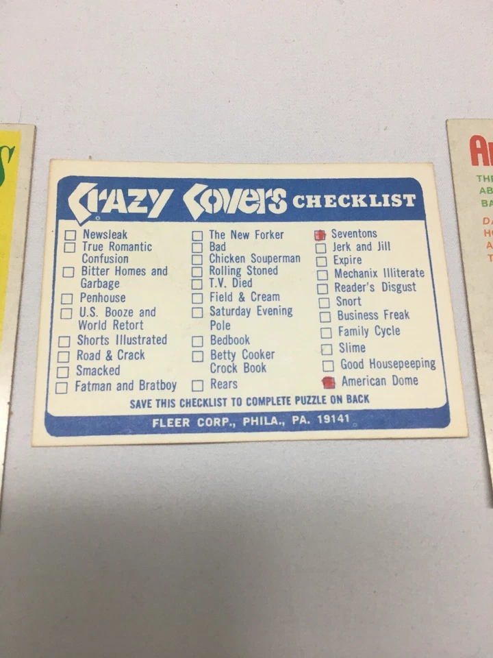 Fleer Crazy Covers 1974 pieza de rompecabezas y tarjetas adhesivas American Dome Seventons Foto 3 de 4