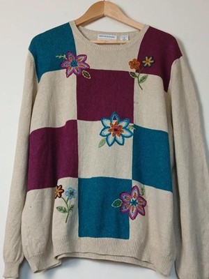 Vintage 90s/Y2K Alfred Dunner Floral Embroidered Colourblock Sweater Plus Size