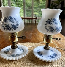 2 Milk Glass Hurricane Boudoir Lamps Blue Flo...