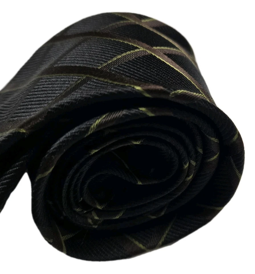 Sulka Handmade Textured Silk Tie Chocolate Brown w/Green Stripes 58.5" x 3 7/8" - Image 2 of 4