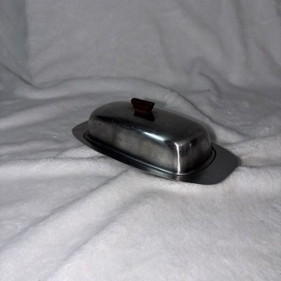 Vintage Stainless Steel Butter Dish MCM Wood Handle Japan Covered Lidded 70s