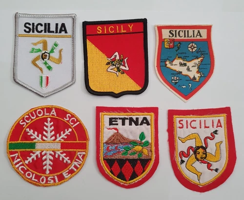 6 x Vintage Tourist Souvenir Badges Patches. Italy Sicilia Sicily Mount Etna Etc