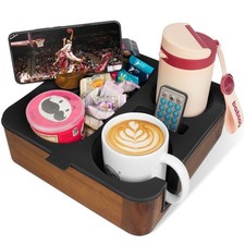 Couch Cup Holder Tray, Real Acacia Wooden Caddy with Soft Silicone, Snack and...
