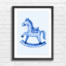 Whimsical Wooden Rocking Horse Blue Framed Wall Art Print Large Picture Home