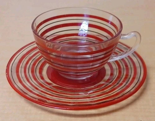 Vintage Anchor Hocking Cup & Saucer Red And Black Banded Rings Depression Era