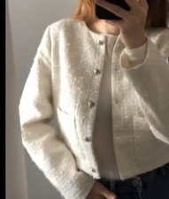 Women’s Jacket Boucle White Tweed style Jacket metal  Buttons  H&M Size M